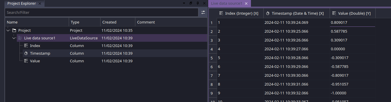 Live Data Source spreadsheet view