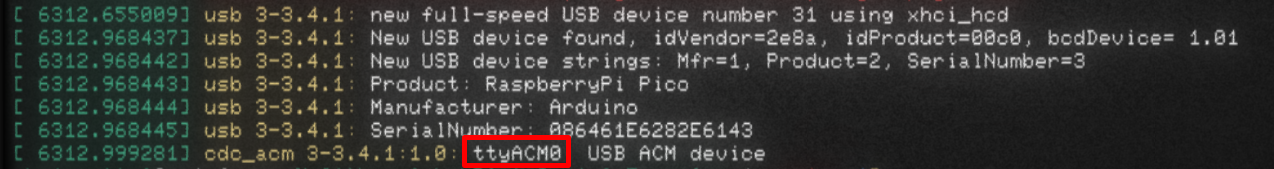 dmesg output showing Pico connection